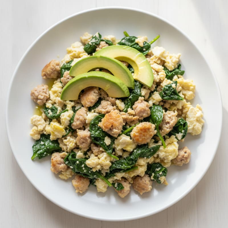 Egg White and Turkey Sausage Scramble with Sautéed Spinach