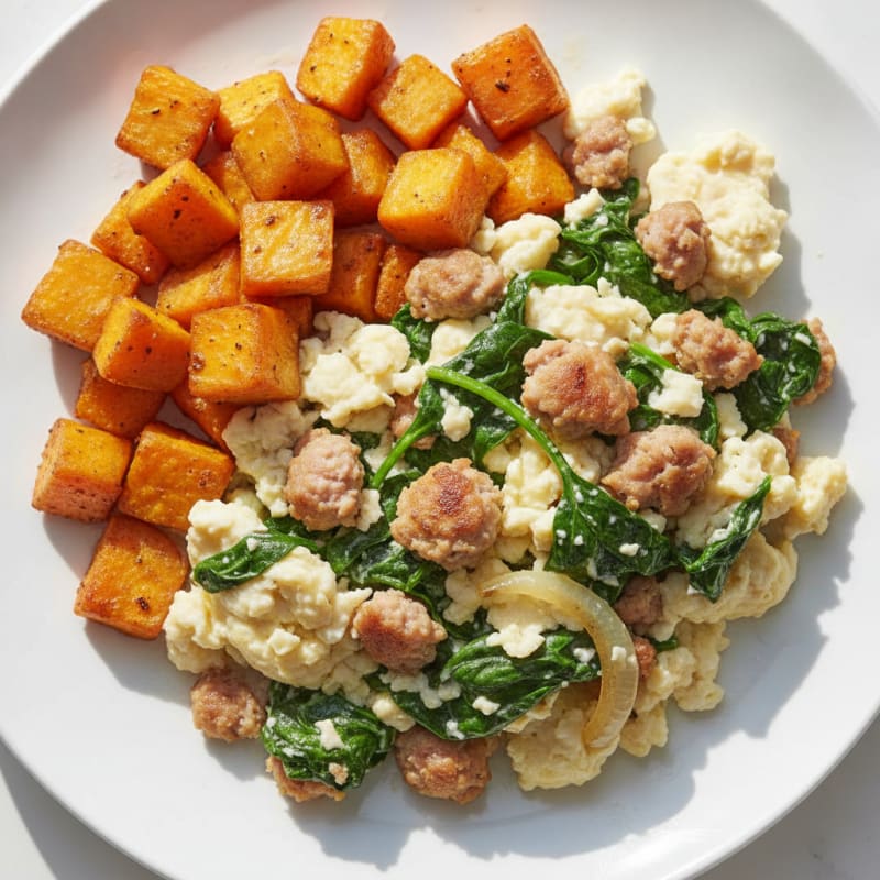 Egg White and Turkey Sausage Scramble with Spinach and Roasted Sweet Potatoes