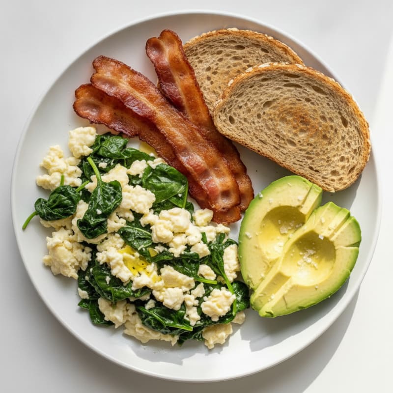 Crispy Turkey Bacon and Egg White Scramble with Sautéed Spinach
