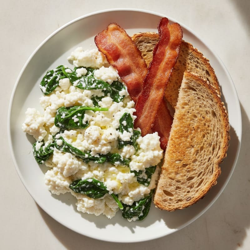 Cottage Cheese and Egg White Scramble with Spinach and Turkey Bacon
