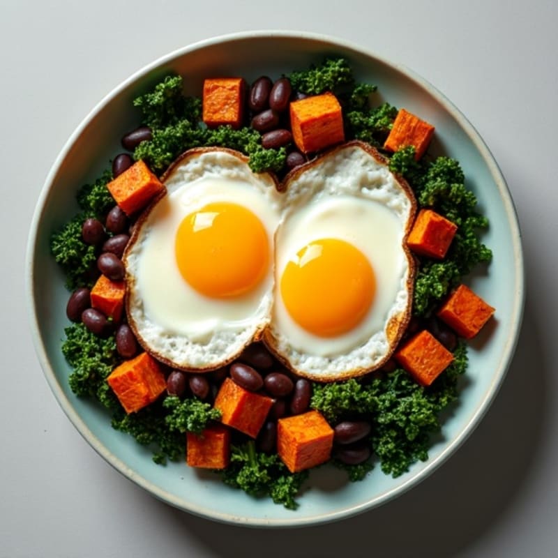 Crispy Roasted Sweet Potato and Kale Breakfast Bowl with Sunny-Side Up Eggs