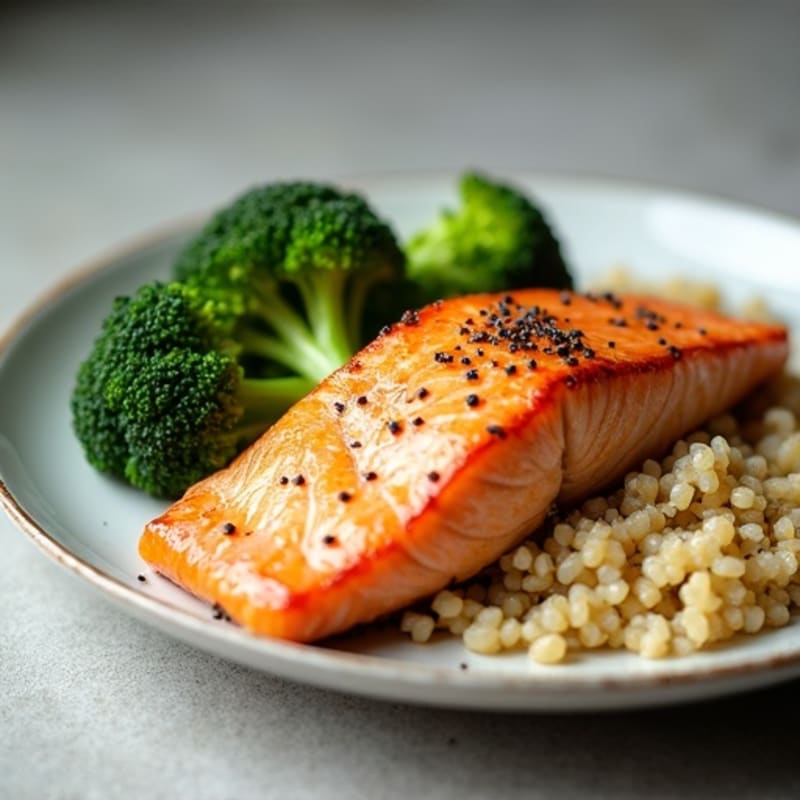 Seared Salmon Filet with Steamed Broccoli and Quinoa