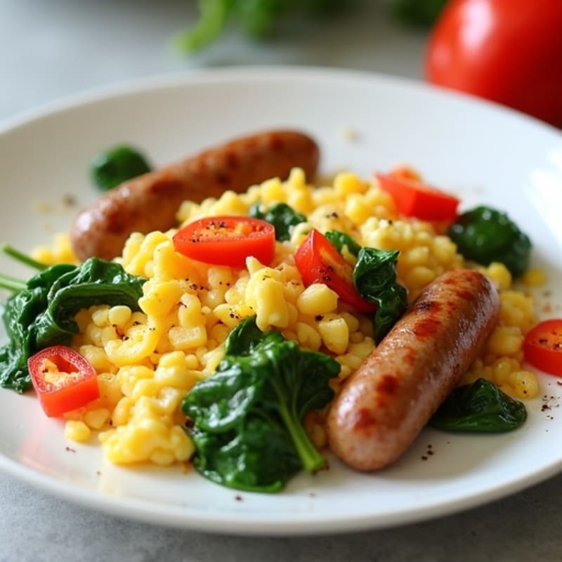 Egg White and Turkey Sausage Scramble with Spinach and Bell Peppers