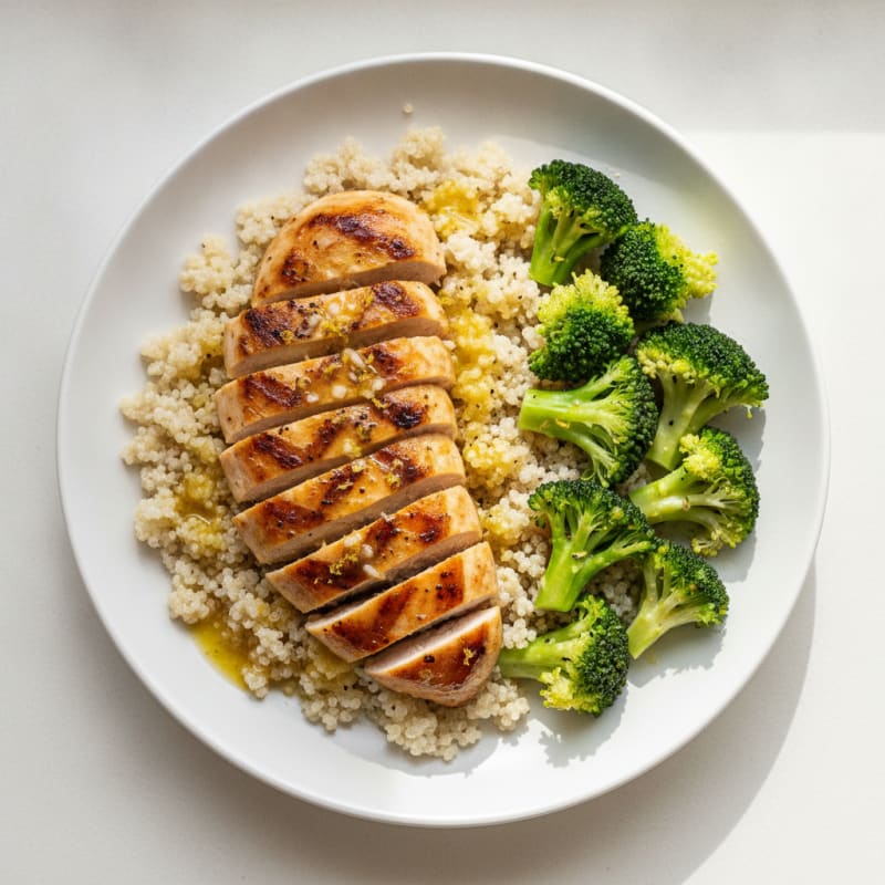 Grilled Lemon-Garlic Chicken Breast with Quinoa and Steamed Broccoli