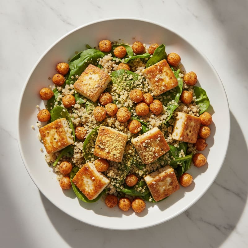 Crispy Tofu and Quinoa Salad with Roasted Chickpeas