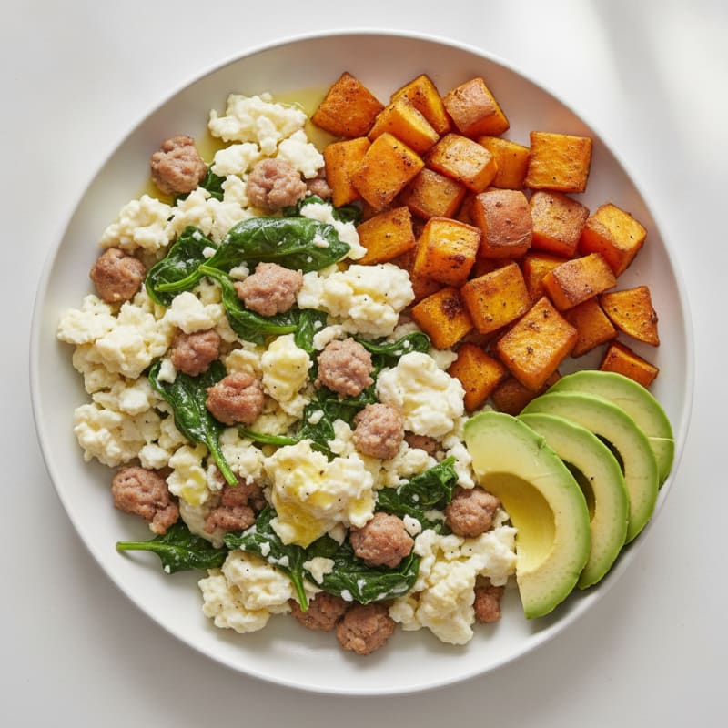 Egg White and Turkey Sausage Scramble with Spinach and Roasted Sweet Potato