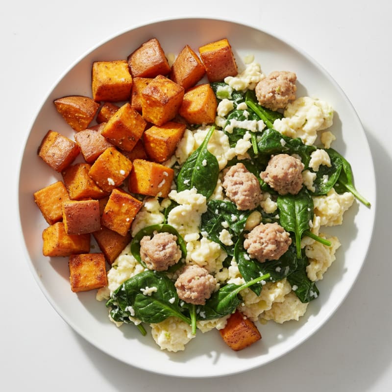Egg White Spinach Scramble with Turkey Sausage and Roasted Sweet Potatoes