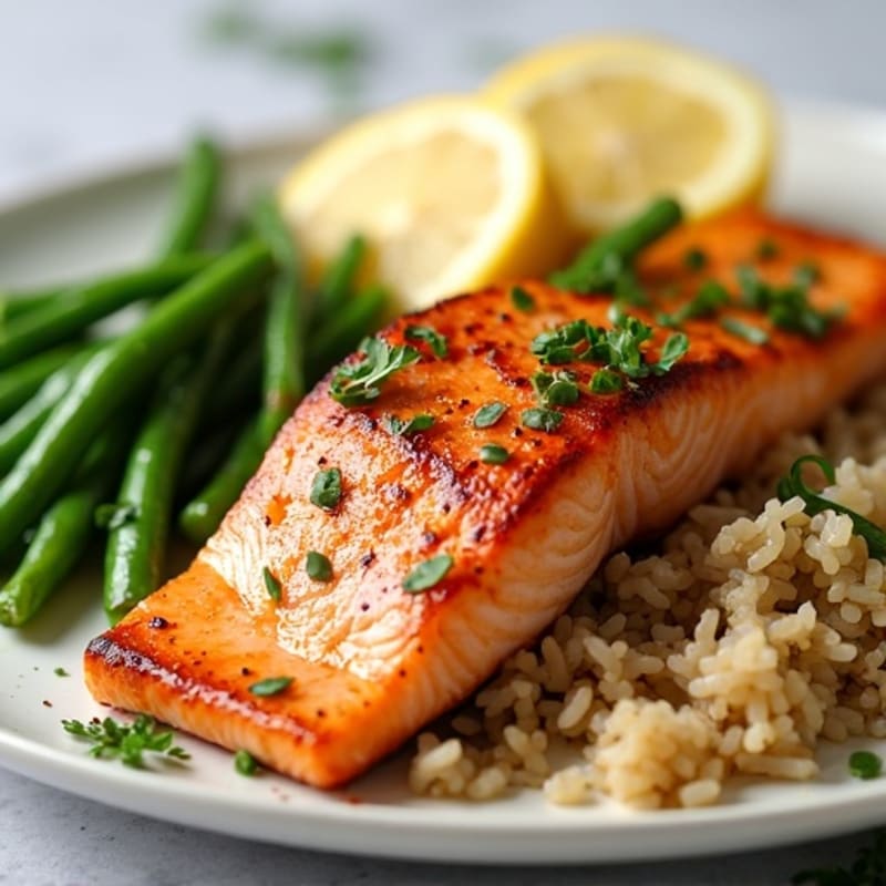 Seared Salmon with Garlic Green Beans and Brown Rice