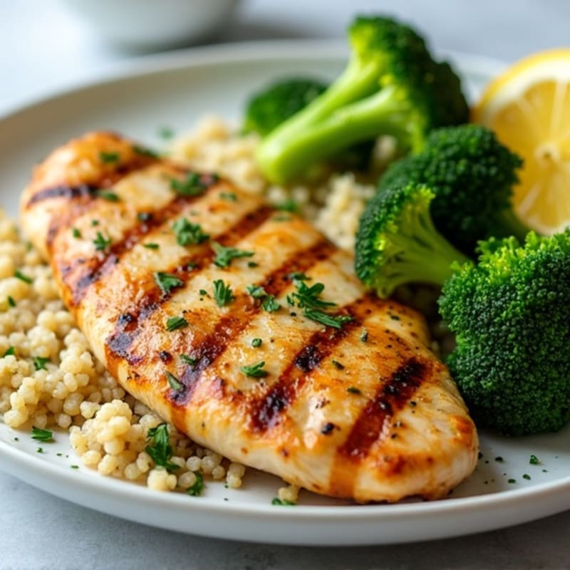 Grilled Lemon-Herb Chicken Breast with Quinoa and Steamed Broccoli