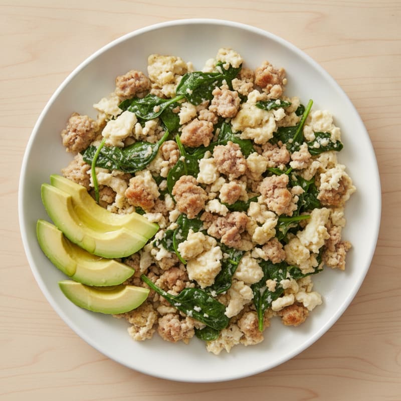Egg White and Turkey Sausage Scramble with Sautéed Spinach