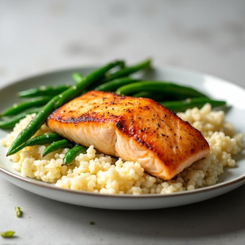 Seared Salmon with Garlic Green Beans and Cauliflower Rice