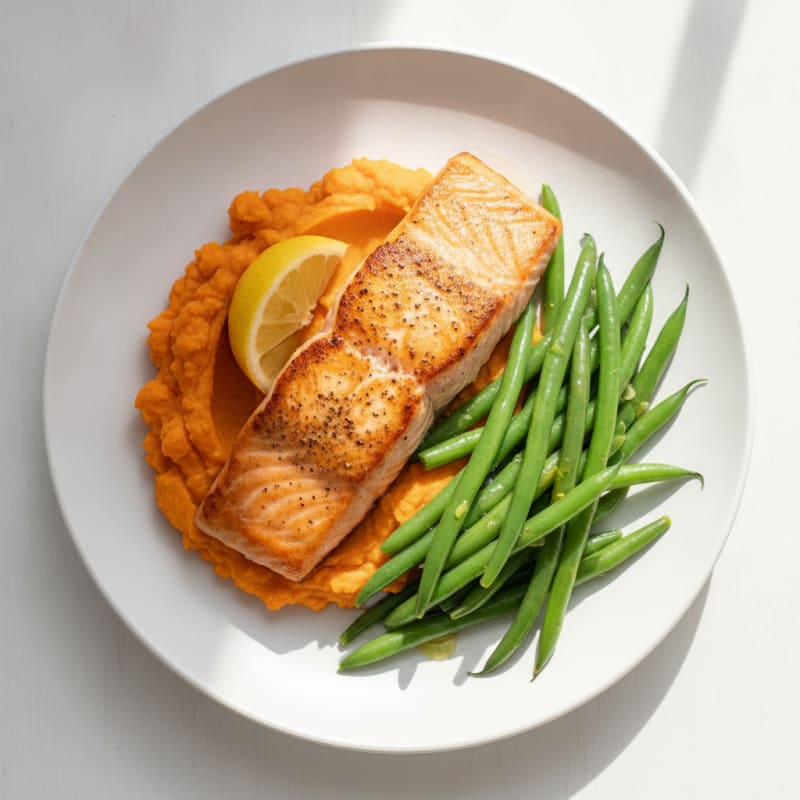 Seared Salmon with Steamed Green Beans and Sweet Potato Mash