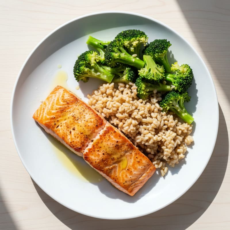Seared Salmon with Steamed Broccoli and Brown Rice