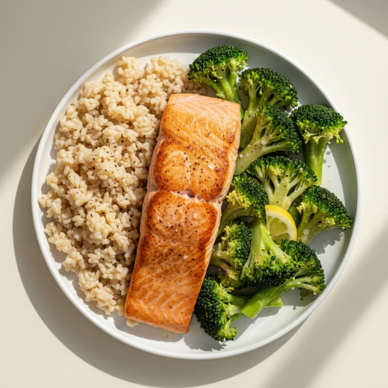 Seared Salmon with Steamed Broccoli and Brown Rice
