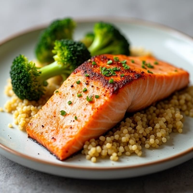 Crispy Salmon with Garlic Roasted Broccoli and Quinoa