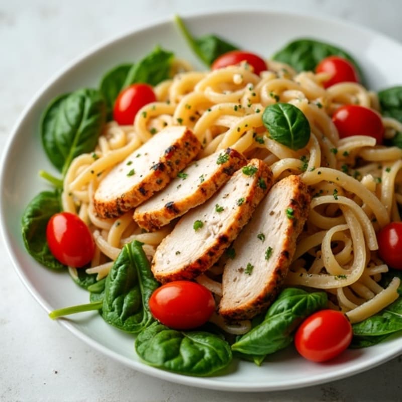Grilled Chicken Pasta Salad with Spinach and Cherry Tomatoes
