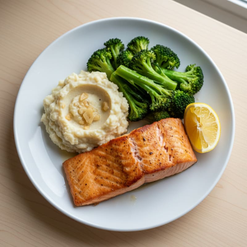 Seared Salmon Filet with Steamed Broccoli and Garlic Cauliflower Mash