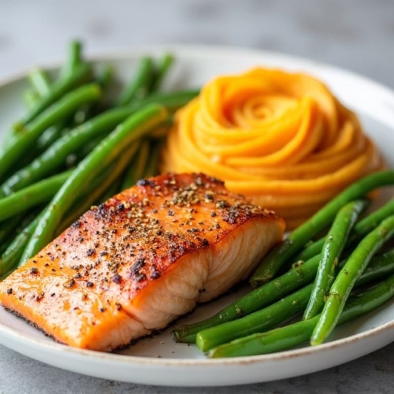 Seared Salmon Fillet with Steamed Green Beans and Mashed Sweet Potato