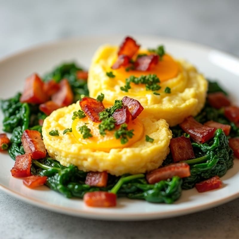 Fluffy Scrambled Eggs with Sautéed Spinach and Crispy Turkey Bacon