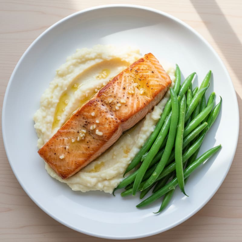Seared Salmon with Steamed Green Beans and Garlic Cauliflower Mash