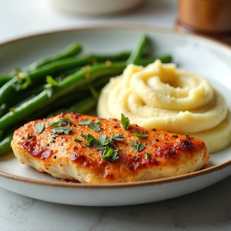 Crispy Pan-Seared Chicken with Creamy Garlic Mashed Potatoes and Roasted Green Beans