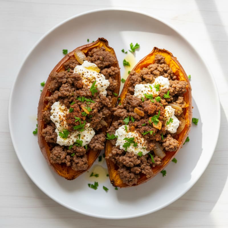 Roasted Sweet Potato with Savory Beef Topping