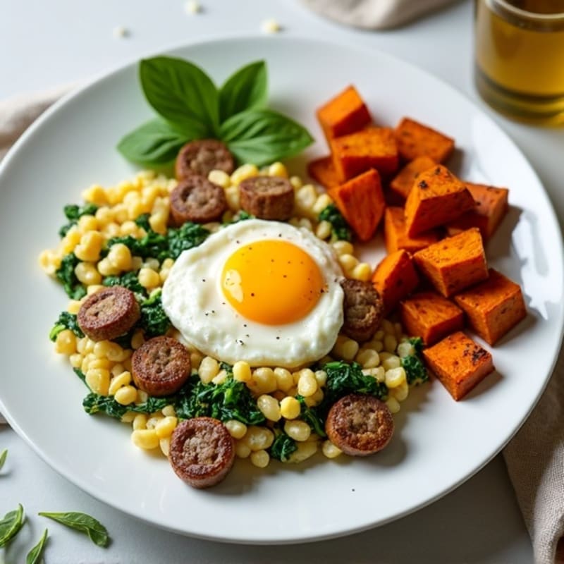 Egg White and Turkey Sausage Scramble with Spinach and Roasted Sweet Potato