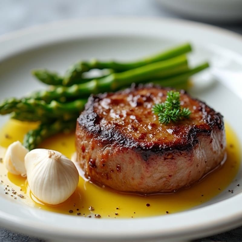 Pan-Seared Filet Mignon with Roasted Asparagus and Garlic