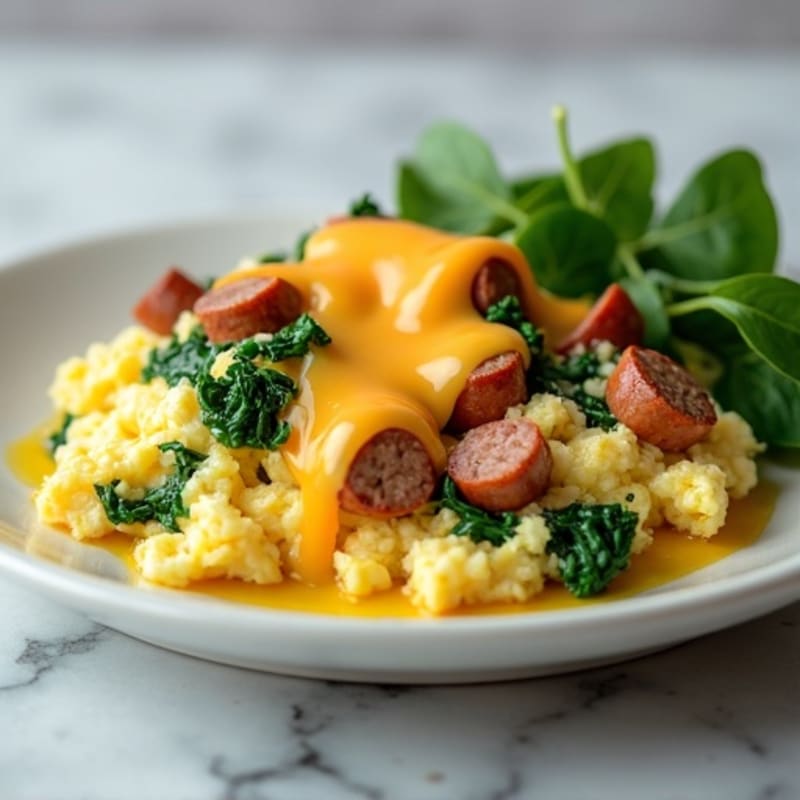 Egg White and Turkey Sausage Scramble with Sautéed Spinach