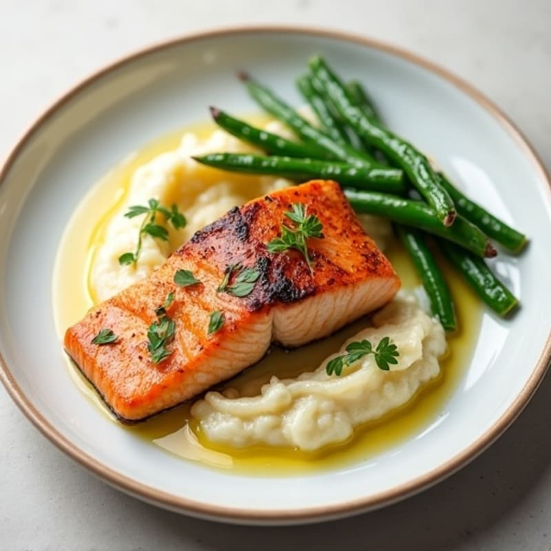 Seared Salmon with Garlic Green Beans and Cauliflower Mash