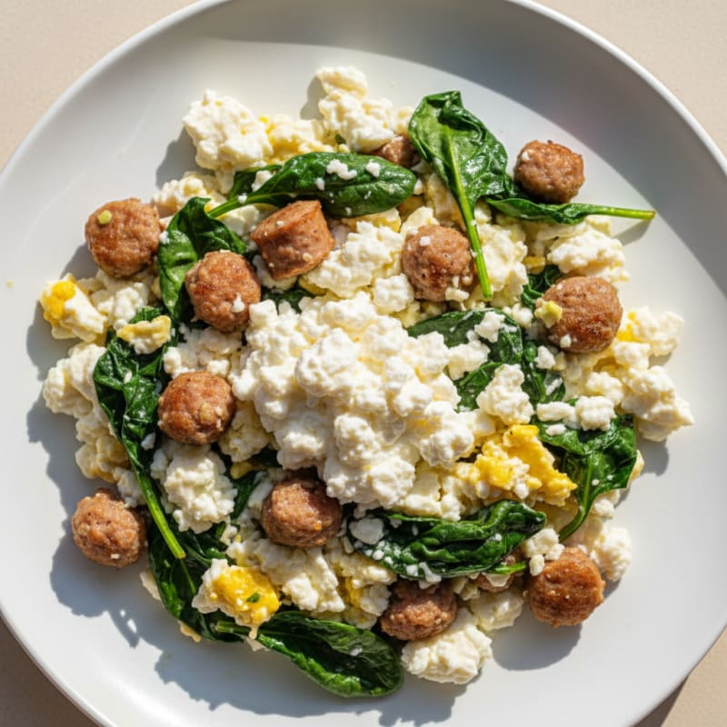 Egg White and Turkey Sausage Scramble with Spinach and Cottage Cheese