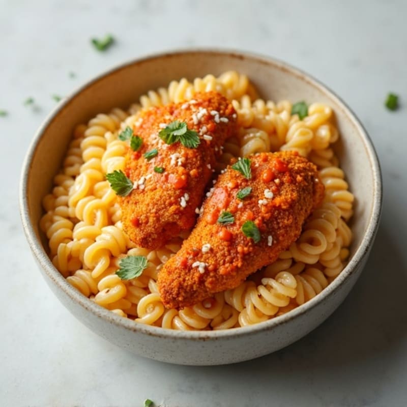 Crispy Buffalo Chicken with Creamy Garlic High-Protein Pasta
