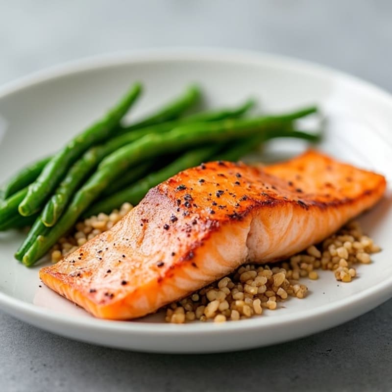 Seared Salmon Fillet with Steamed Green Beans and Brown Rice