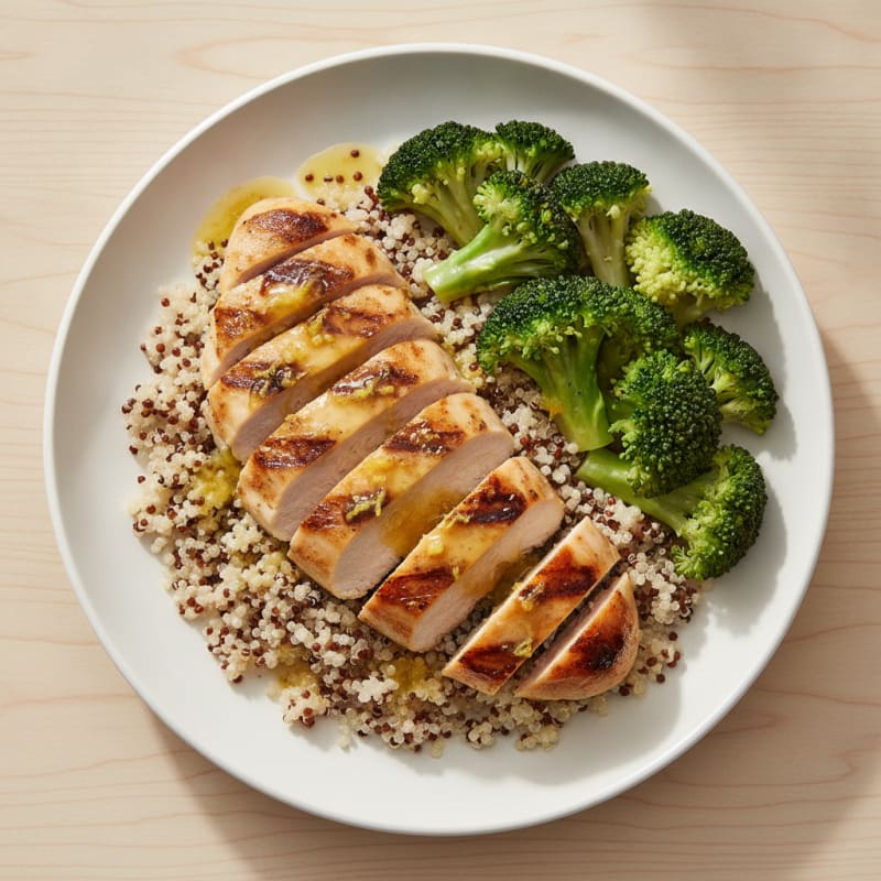 Grilled Citrus-Garlic Chicken Breast with Quinoa and Steamed Broccoli