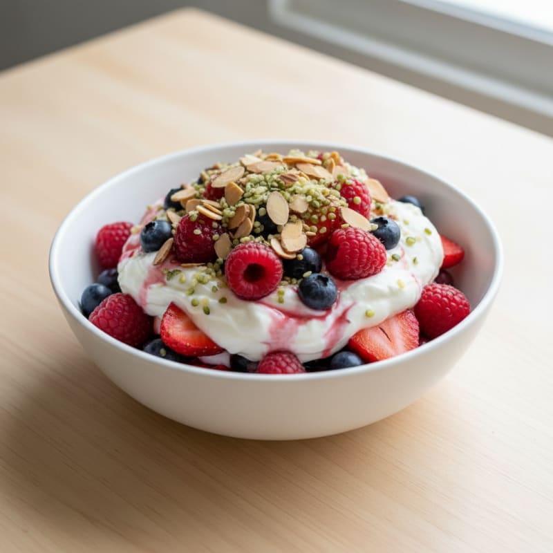 High-Protein Greek Yogurt Parfait with Mixed Berries and Whey Protein