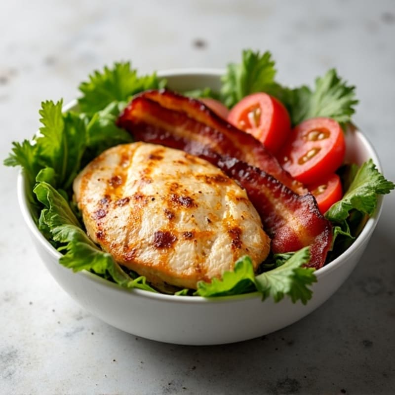 Grilled Chicken and Crispy Turkey Bacon Bowl with Fresh Greens and Tomatoes
