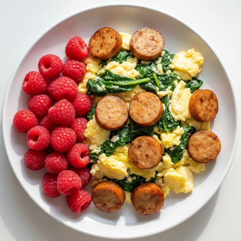 Scrambled Eggs with Sautéed Spinach and Chicken Sausage