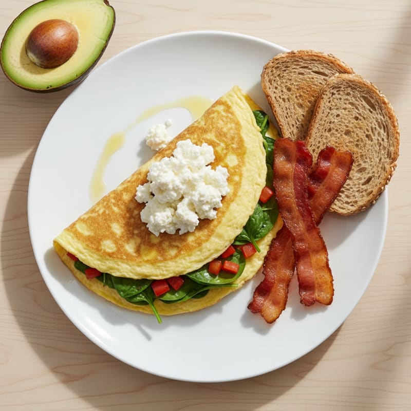 Egg White Vegetable Omelette with Cottage Cheese and Turkey Bacon