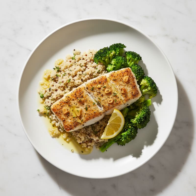 Roasted Herb Fish with Steamed Broccoli and Quinoa