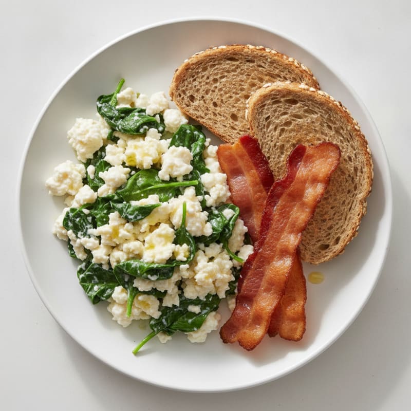 Cottage Cheese Egg White Scramble with Spinach and Turkey Bacon