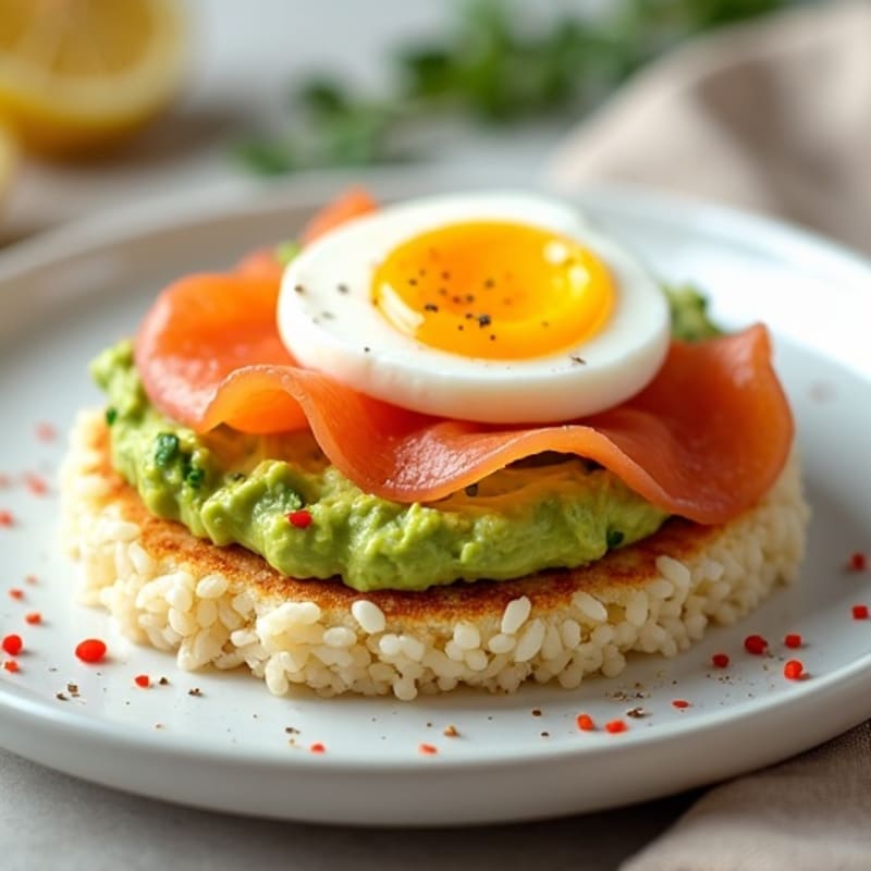 Crispy Rice Cakes with Smashed Avocado, Hard-Boiled Eggs, and Smoked Salmon