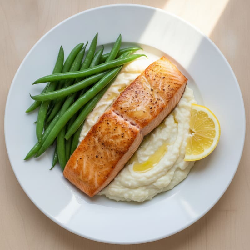 Seared Salmon with Steamed Green Beans and Garlic Mashed Cauliflower