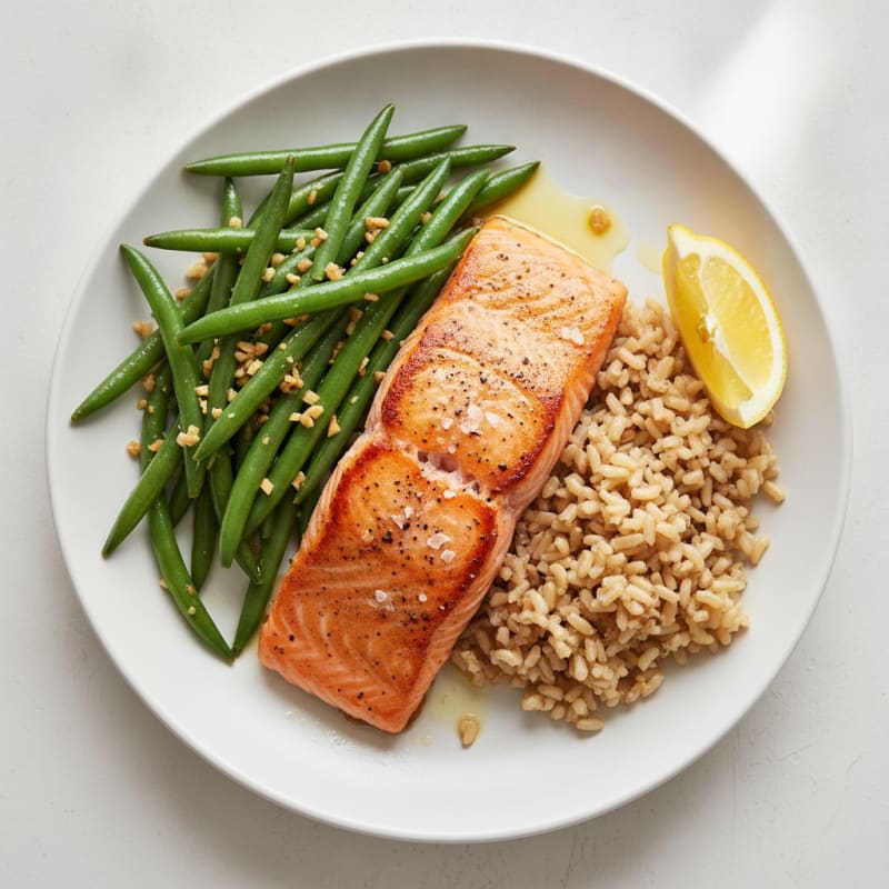 Seared Salmon Fillet with Garlic Green Beans and Brown Rice