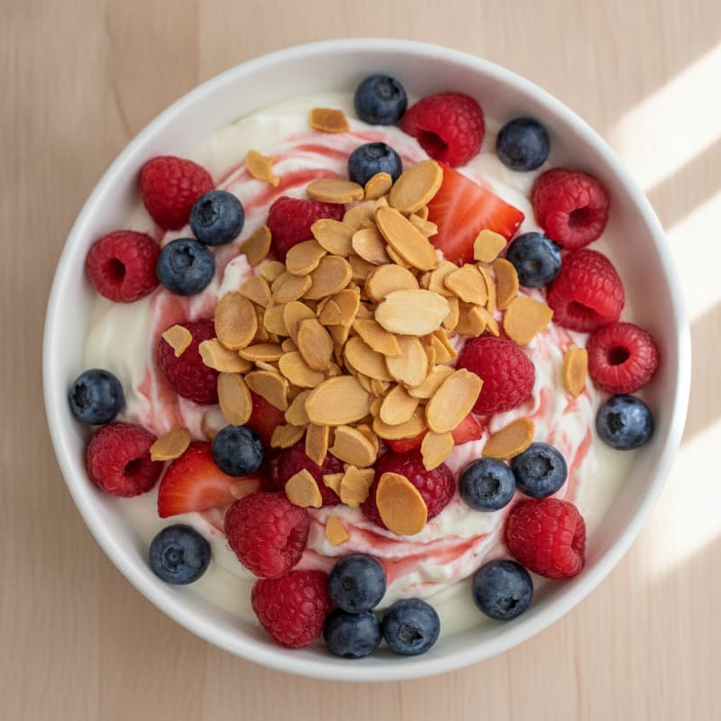 Greek Yogurt Protein Parfait with Mixed Berries and Almonds