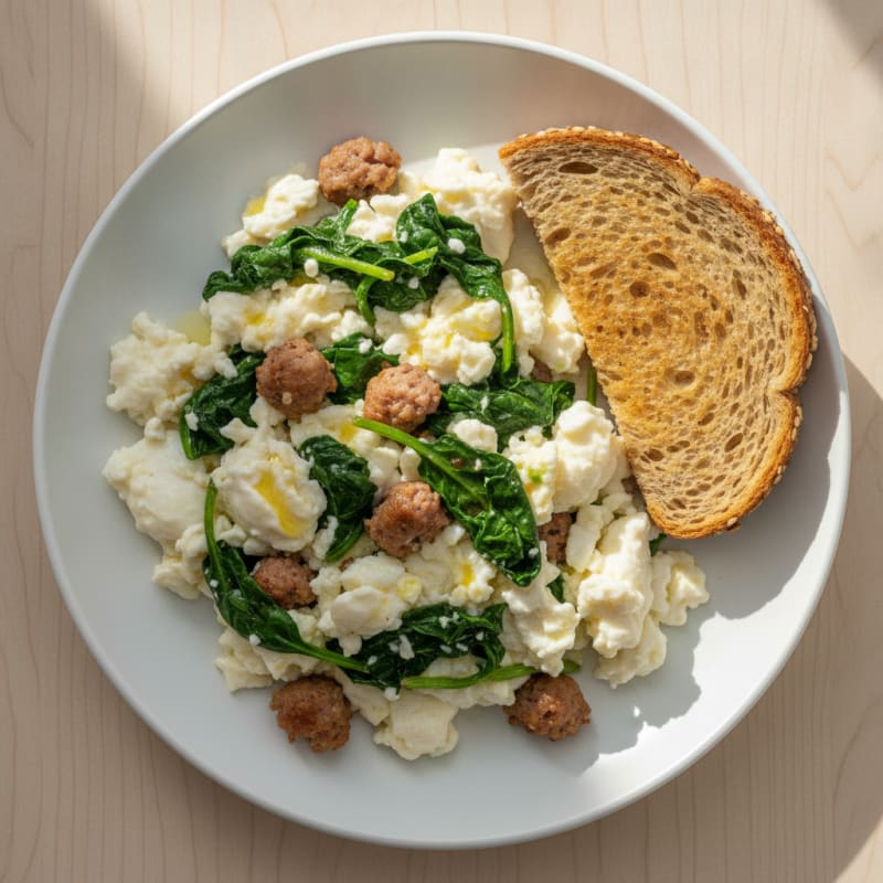 Scrambled Egg Whites with Turkey Sausage and Sautéed Spinach