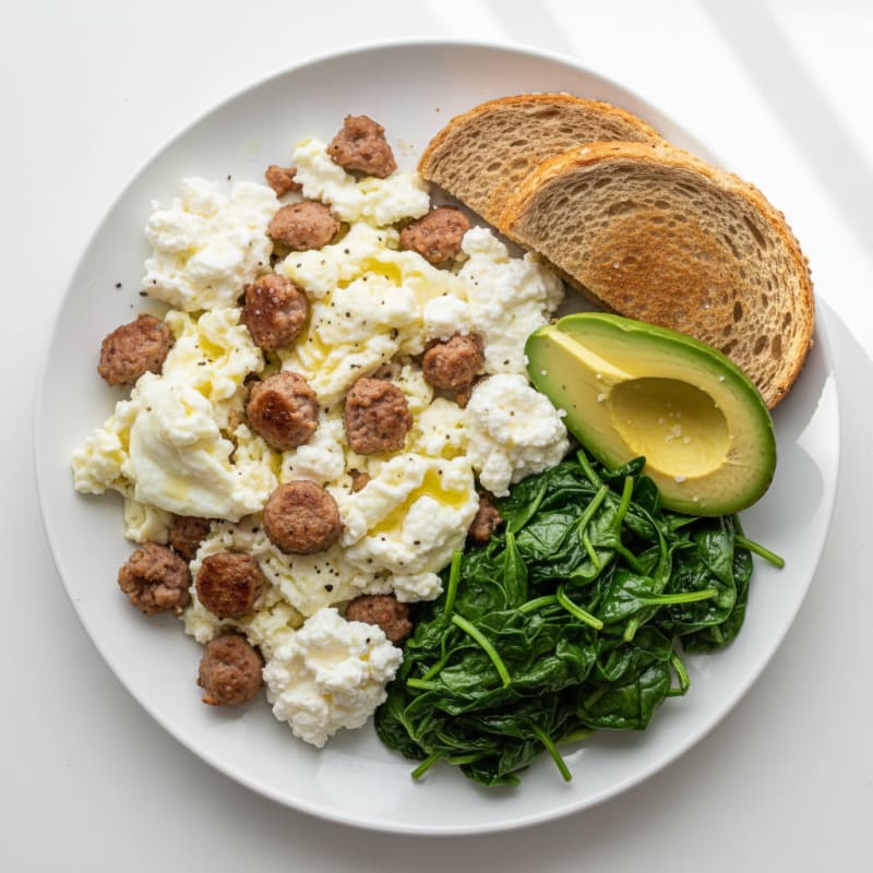 Egg White and Turkey Sausage Scramble with Cottage Cheese and Sautéed Spinach