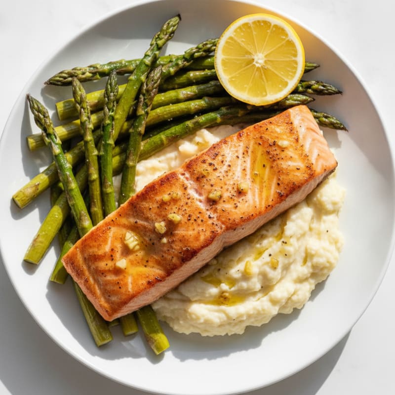 Seared Salmon Fillet with Roasted Asparagus and Cauliflower Mash