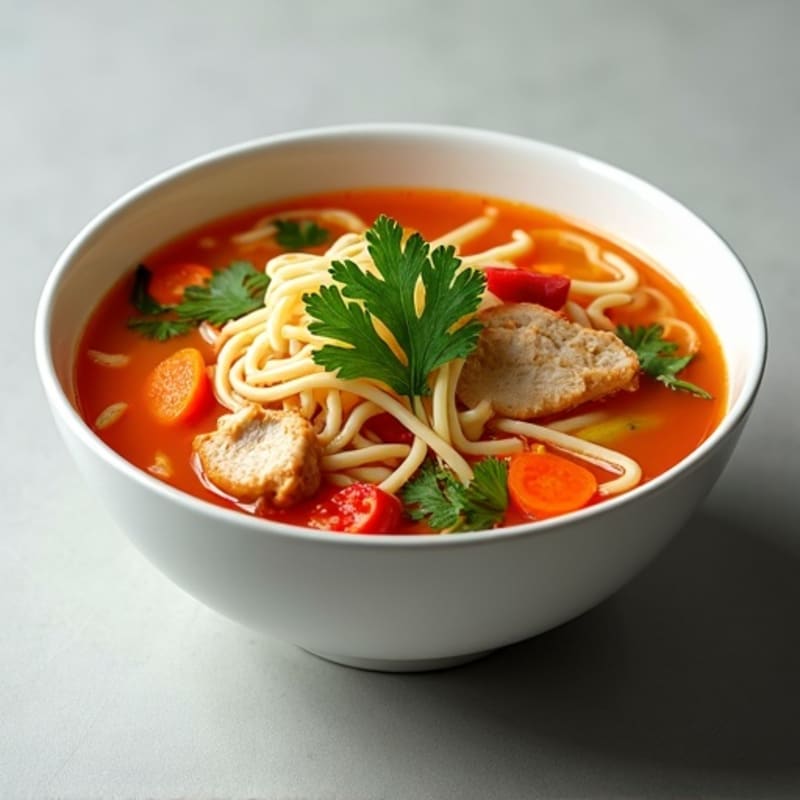 Spicy Sriracha Chicken and Fresh Vegetable Noodle Soup
