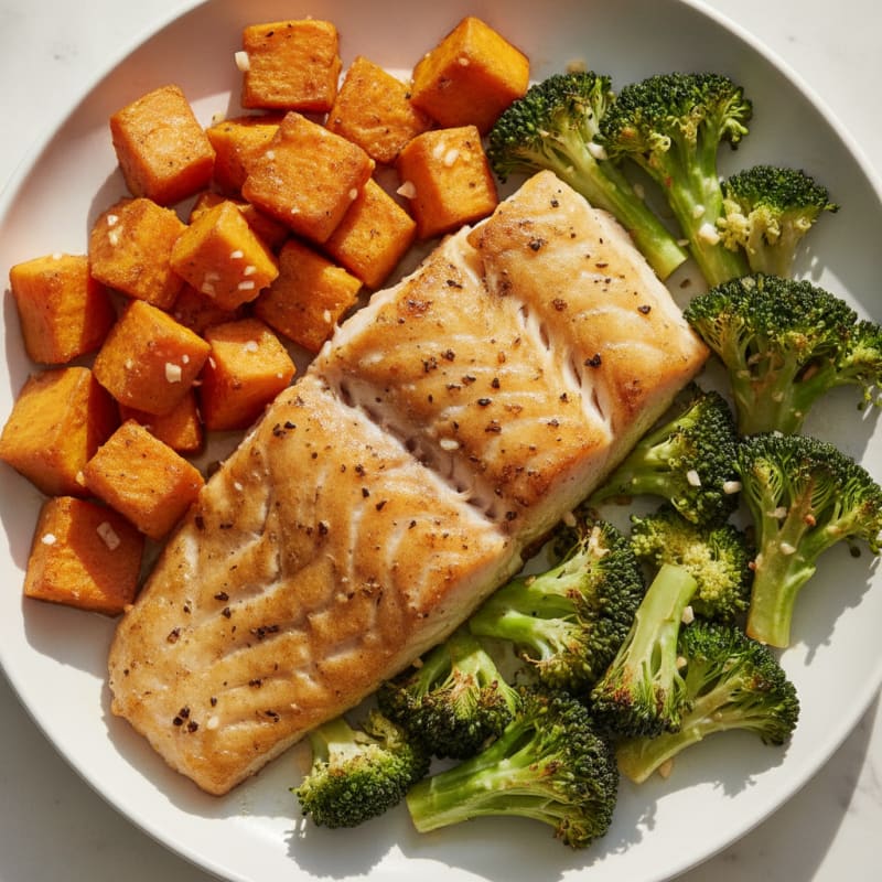 Baked Cod with Roasted Broccoli and Sweet Potato