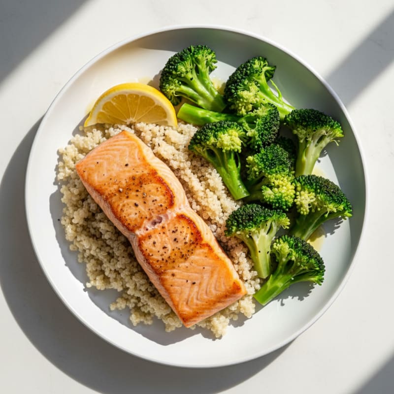 Seared Salmon with Steamed Broccoli and Quinoa
